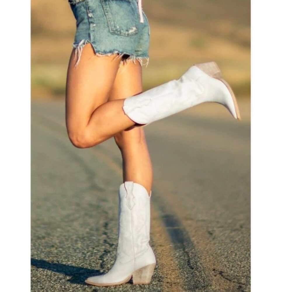 OLD WEST Women's White Leather Cowboy Boots